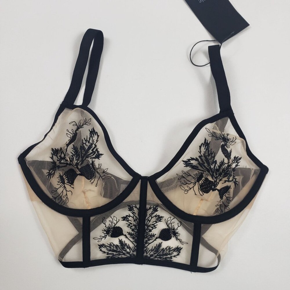 Thistle and Spire Verona Embroidered Longline Bra Women's 32DD Black Nude Mesh - Picture 6 of 16